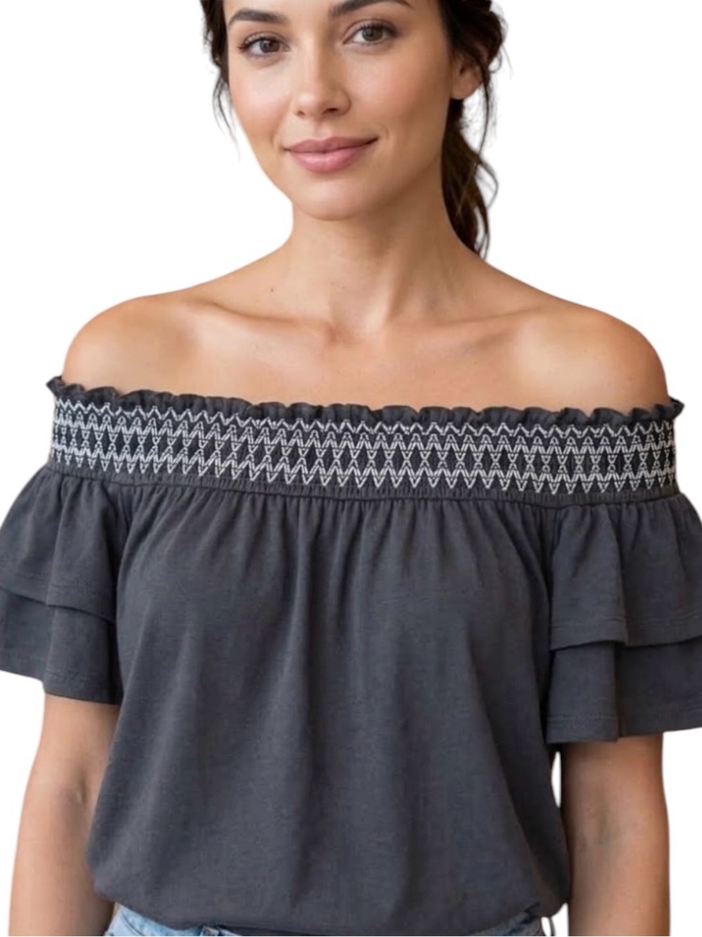 AEO American Eagle Soft Sexy Off Shoulder Gray Boho Top Stitched Embroidered XS